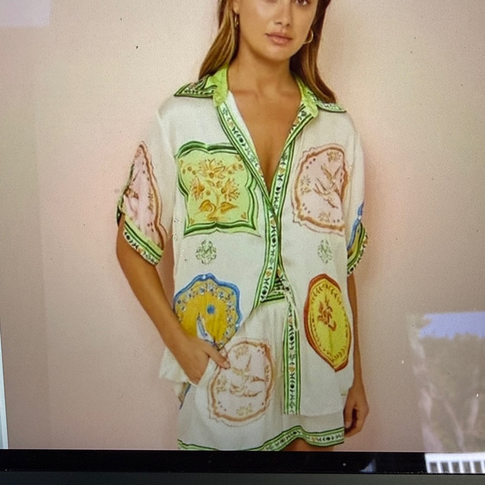 Alemais Porcelun Silk Short Sleeve Button Front Shirt